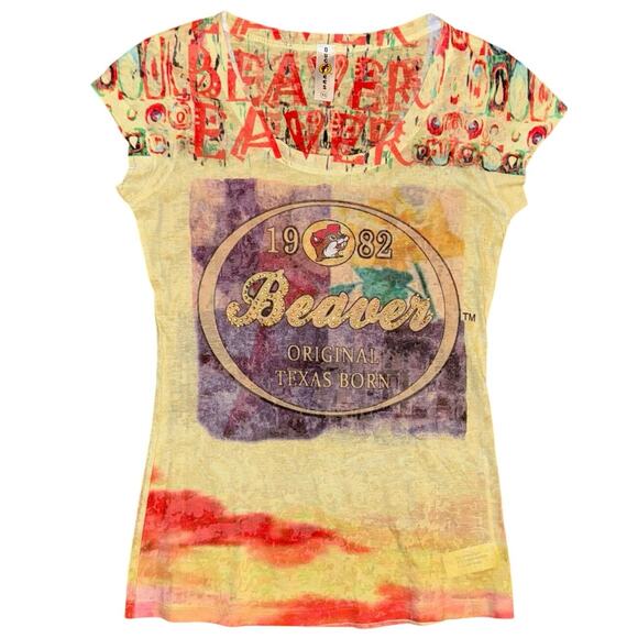 Buc-ees Beaver Original Women’s XS ‘Texas Born’ Yellow Top with Rhinestones - Picture 1 of 4